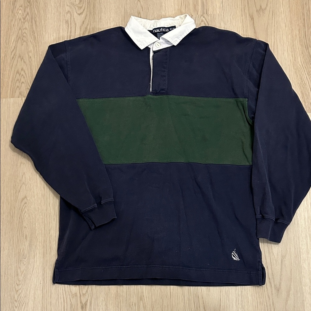 Y2K Nautica Men's Casual Navy and Green polo rugby Shirt size XL